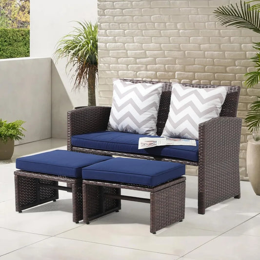3-Piece All-Weather Wicker Outdoor Loveseat Set with Ottoman & Side Table
