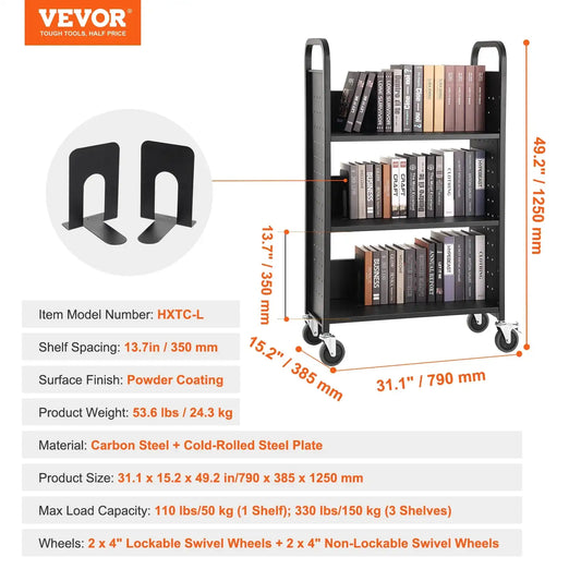 Heavy-Duty Rolling Book Cart 330 lbs Capacity – L-Shaped Flat Shelves on Lockable Wheels