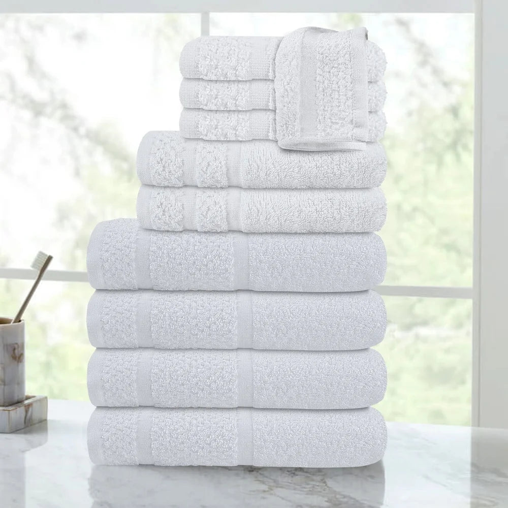 10-Piece Cotton Towel Set – Soft, Absorbent & Quick-Dry Popcorn-Textured Border Towels for Bath & Hand