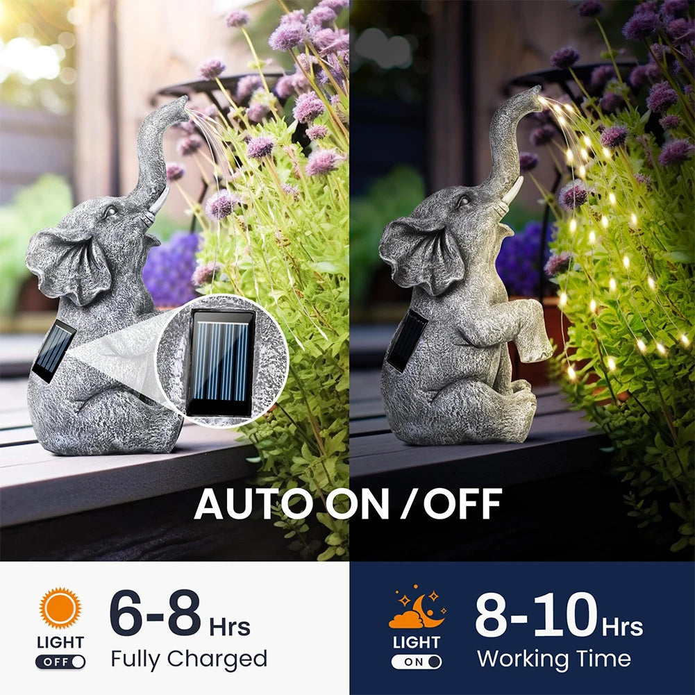 Solar Elephant Garden Ornament with LED String Lights – Outdoor Resin Elephant Sculpture for Yard, Patio & Pathway Décor