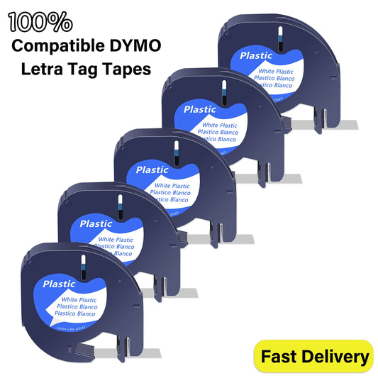 20‑Pack Black-on-White Plastic Label Tape (12 mm) – Compatible with Dymo LetraTag LT‑100H, LT‑100T, P15, Q30 & More