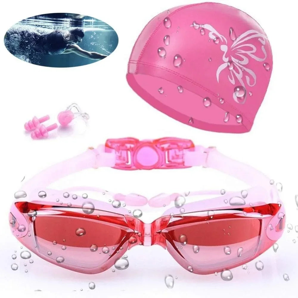 4-in-1 Premium Swimming Goggles & Cap Set – Waterproof, UV400 Protection, Anti-Fog Lens