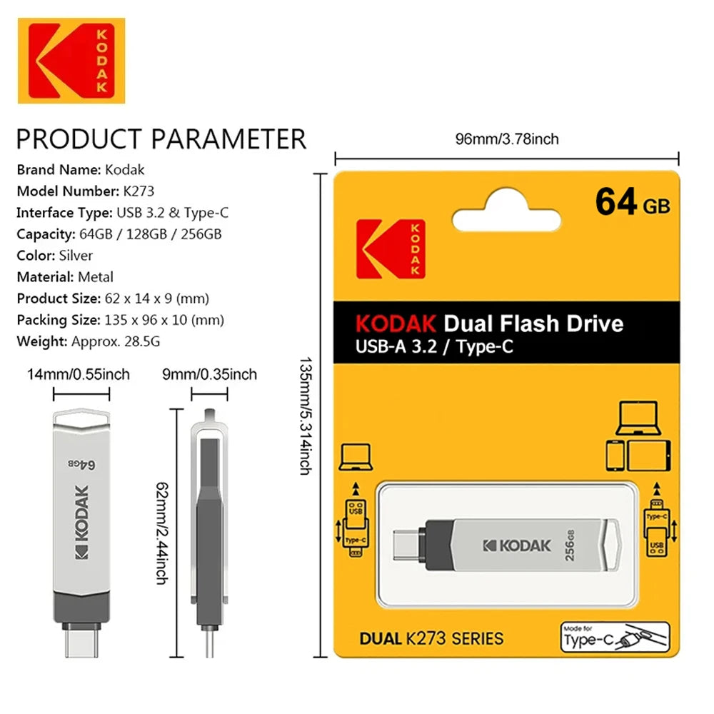 Kodak K273 USB Flash Drive – High-Speed USB 3.2 Dual Type-C Memory Stick 128GB/64GB for Smartphones, Laptops & PCs