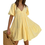 Elegant Maternity Dress – Solid Color A-Line Pregnancy Outfit with Puff Sleeves & V-Neck, Casual Summer Photoshoot Wear