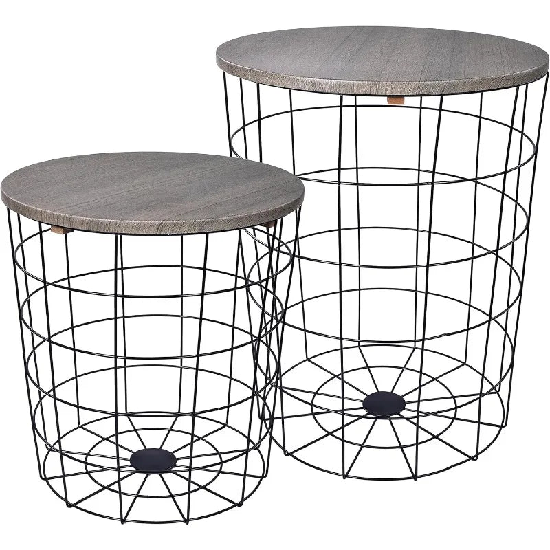 Set of 2 Wire Basket End Tables with Wood Tops – Modern Gray Side Tables for Living Room, Bedroom & Office