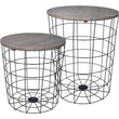 Set of 2 Wire Basket End Tables with Wood Tops – Modern Gray Side Tables for Living Room, Bedroom & Office