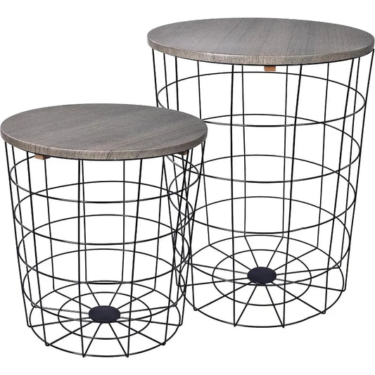 Set of 2 Wire Basket End Tables with Wood Tops – Modern Gray Side Tables for Living Room, Bedroom & Office