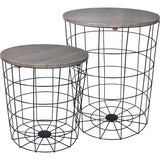 Set of 2 Wire Basket End Tables with Wood Tops – Modern Gray Side Tables for Living Room, Bedroom & Office