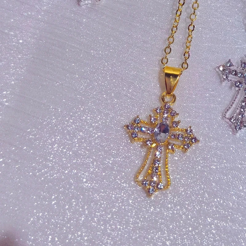 Gothic Zircon Cross Necklace – Unisex Y2K Large Pendant with Irregular Crystal Design for Men & Women