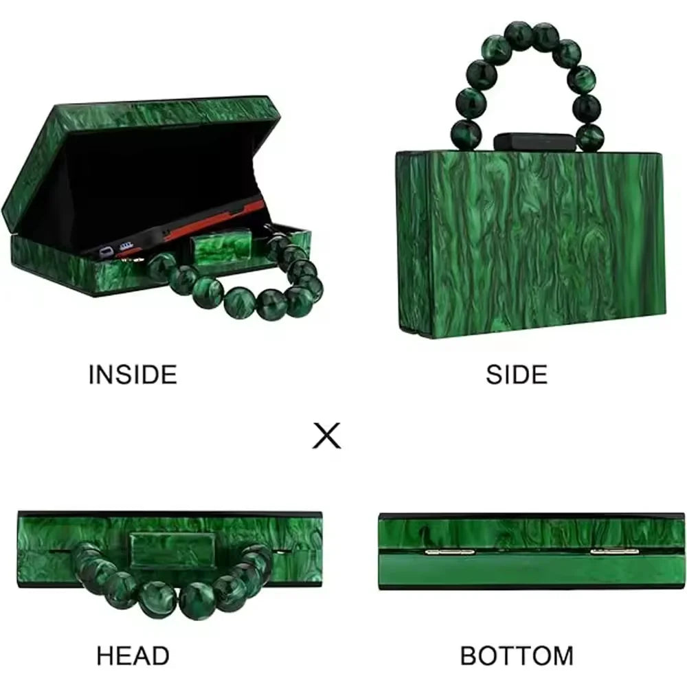 Pearl Marble Dark Green Acrylic Evening Crossbody Bag – Luxury Flap Purse for Weddings, Parties & Chic Beach Events