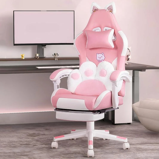 Cute Gaming Chair with Cat Ears – Ergonomic Computer Chair with Cat Paw Lumbar Cushion, Footrest & Headrest for Girls & Teens