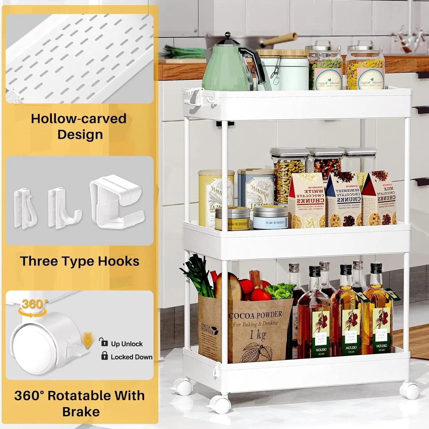 3-Tier Mobile Storage Cart – Bathroom & Laundry Organizer Utility Cart with Wheels