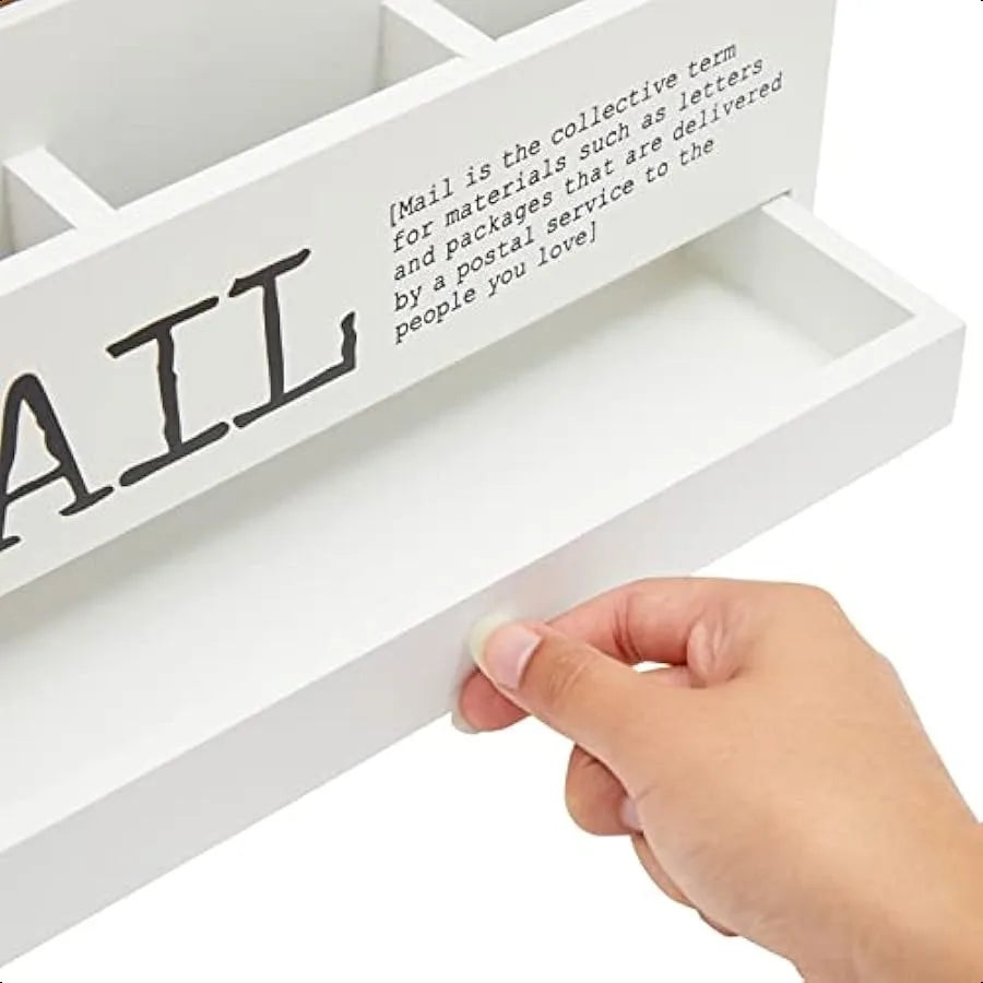 White Wooden 3-Tier Desktop Mail Organizer with Drawer – Wall-Mounted & Countertop File Holder