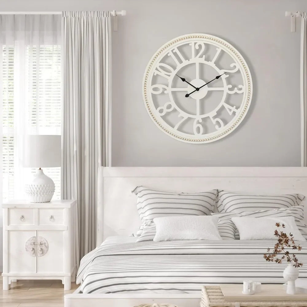 30-Inch Farmhouse Wall Clock – Large Wooden Silent Wall Clock with Boho Beads | Rustic Battery-Operated Easy-Read Design