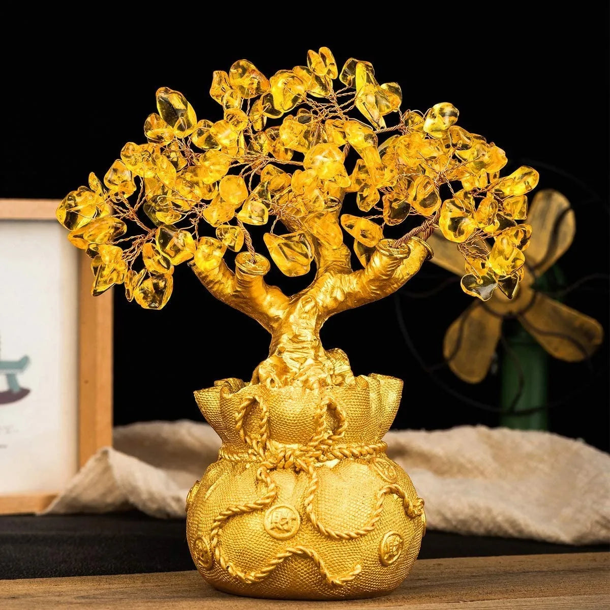 Crystal Money-Bag Tree Figurine – Yellow “Lucky Wealth” Lemon Quartz Feng-Shui Ornament for Home Décor