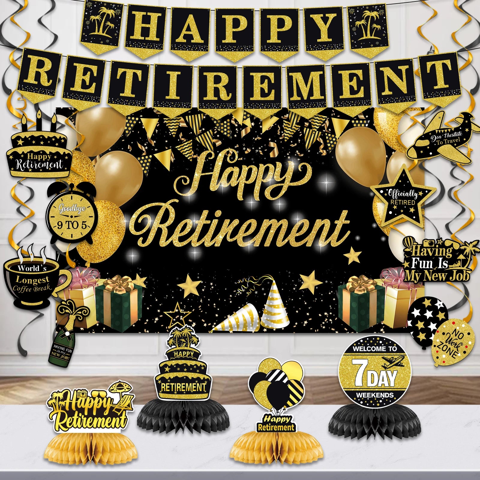 Elegant “Happy Retirement” Hanging Swirls & Banner Kit – Celebration Decorations Set for Men & Women