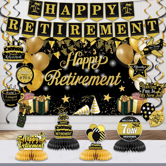 Elegant “Happy Retirement” Hanging Swirls & Banner Kit – Celebration Decorations Set for Men & Women