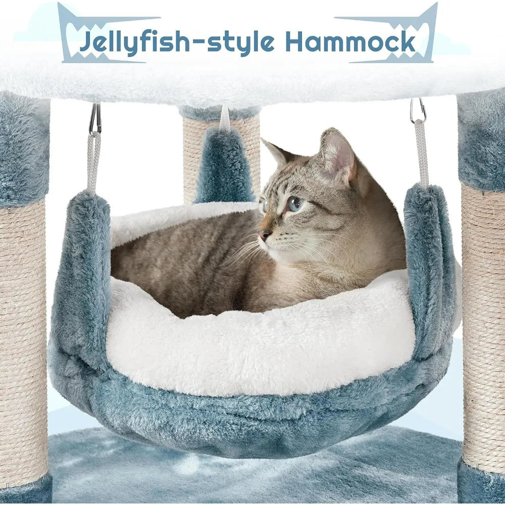 Cat Tree Multi-Level Tower – Plush Furniture with Shark’s Mouth Nest, Sea Star Perch & Jellyfish Hammock for Cats & Kittens