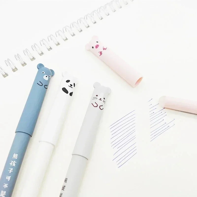 Animals Panda Erasable Gel Pen Set – 12-Piece 0.5 mm Blue/Black Ink Cartoon Stationery Kit