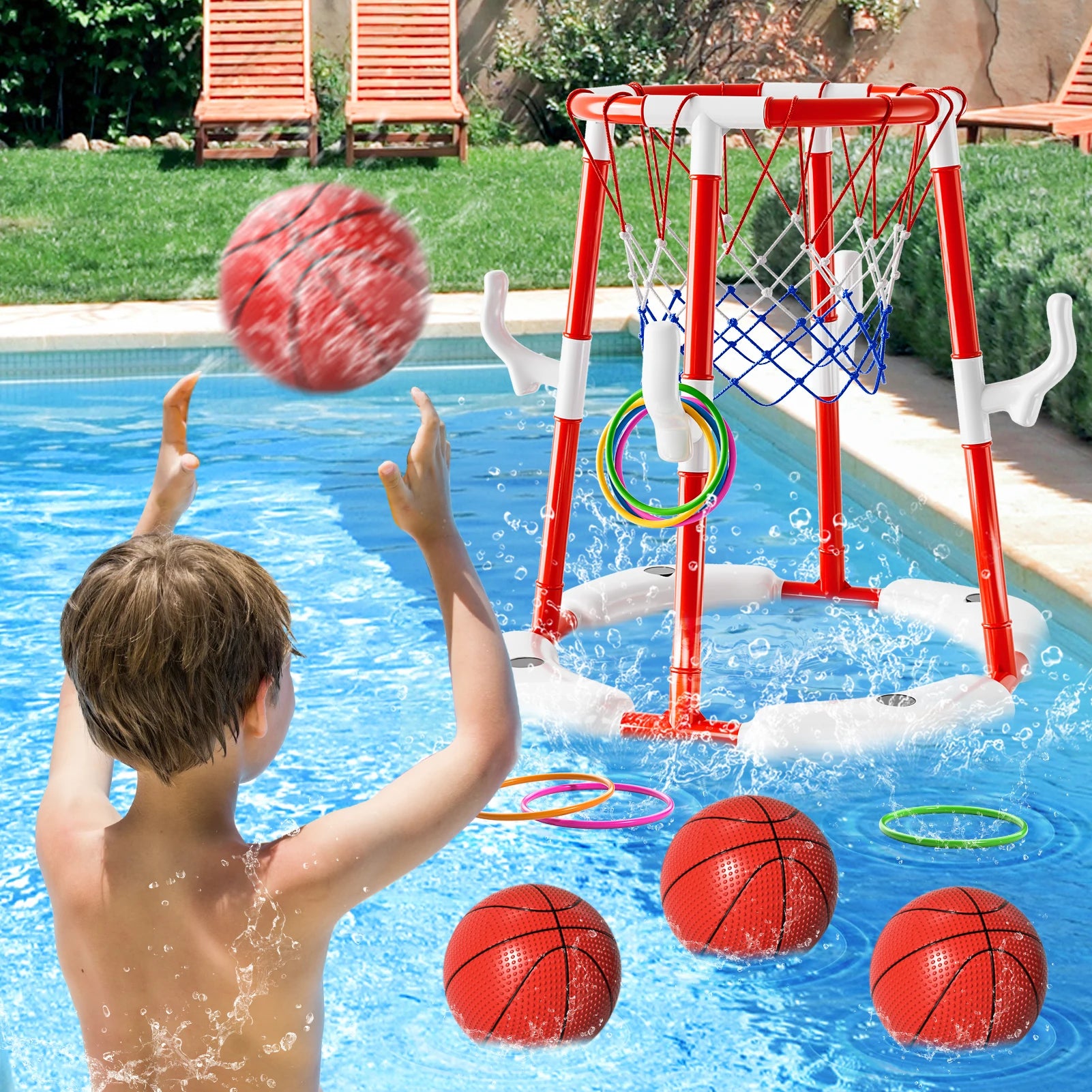 Summer Pool Basketball Hoop Toys – Floating Basketball Game with 4 Balls for Outdoor & Indoor Water Play