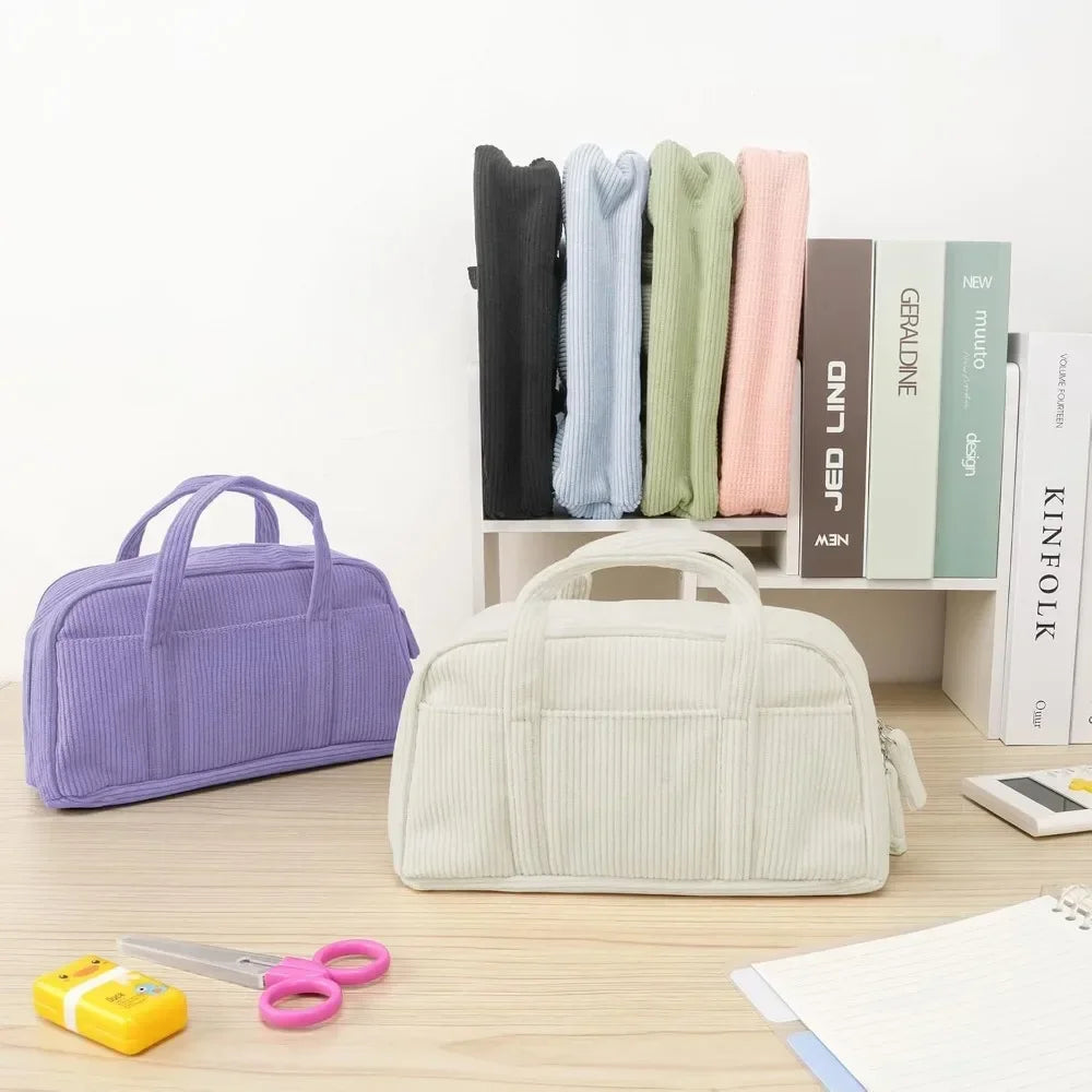 Large Soft Corduroy Zip Pencil Case – 6-Compartment Aesthetic Organizer (Purple)