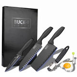 “Black Premium Kitchen Knife Set – Chef & Fruit & Cleaver + Cutting Board & Egg Mold”