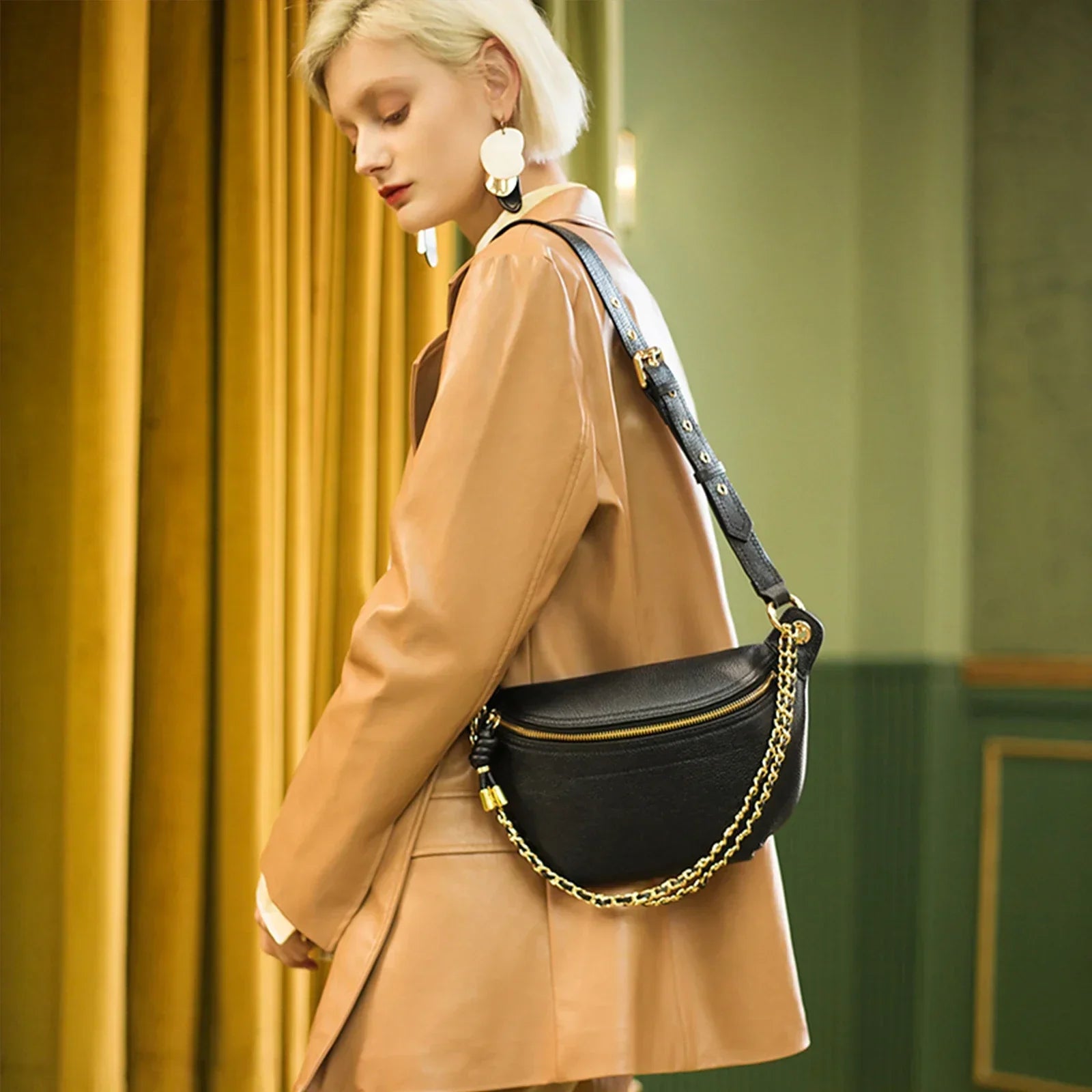 ITAMOOD Women’s Luxury Designer Leather Waist Bag with Chain Strap – Phone & Essentials Crossbody