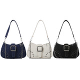 Women’s Vintage Rivet Y2K Under-Arm Canvas Satchel – Trendy Armpit Bag with Zipper Closure