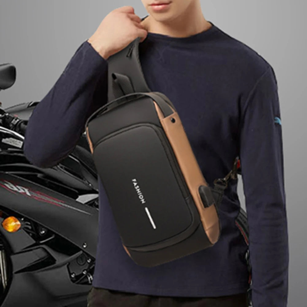 Men's PU Leather Chest Bag – Waterproof Anti-Theft Crossbody Sling with USB Charging Port for Travel & Sports