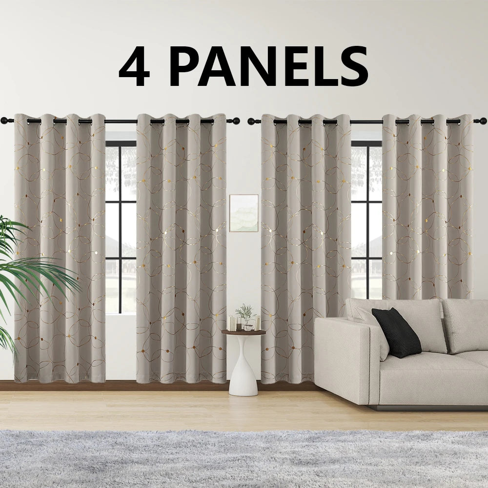 Blackout Thermal Insulated Room-Darkening Curtains – 4-Piece Grommet Circles & Dots Foil Print (Bedroom Set)