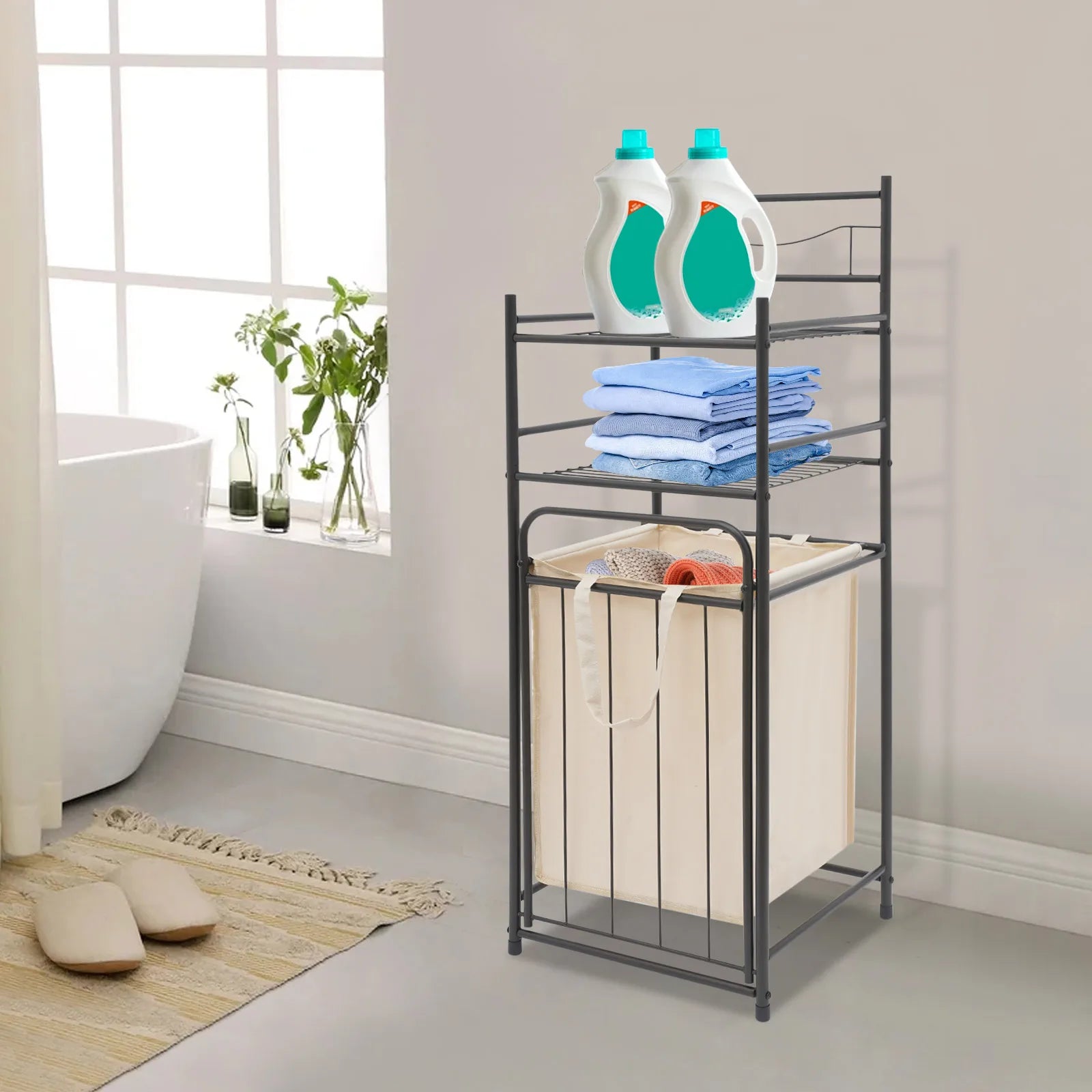3-Tier Large-Capacity Laundry Storage Rack – Grid Structure Iron Frame with Removable Oxford-Cloth Basket