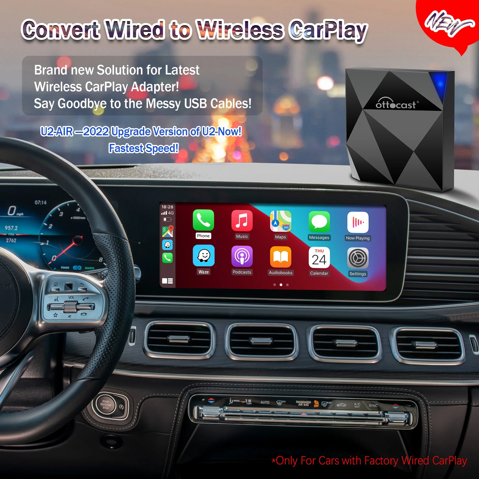 Ottocast U2-Air wireless CarPlay adapter – Bluetooth USB dongle activator for Audi, Toyota, Volkswagen & factory-wired CarPlay cars