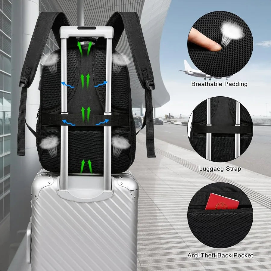 Black 15.6" Laptop School Backpack — Water-Resistant Travel Bag with USB Charging Port for Teens & Adults