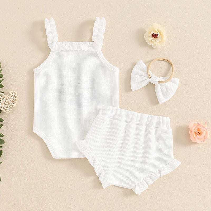 Waffle-Flower Embroidered Sleeveless Romper Set for Baby Girls – Shorts & Headband Included