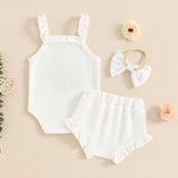 Waffle-Flower Embroidered Sleeveless Romper Set for Baby Girls – Shorts & Headband Included