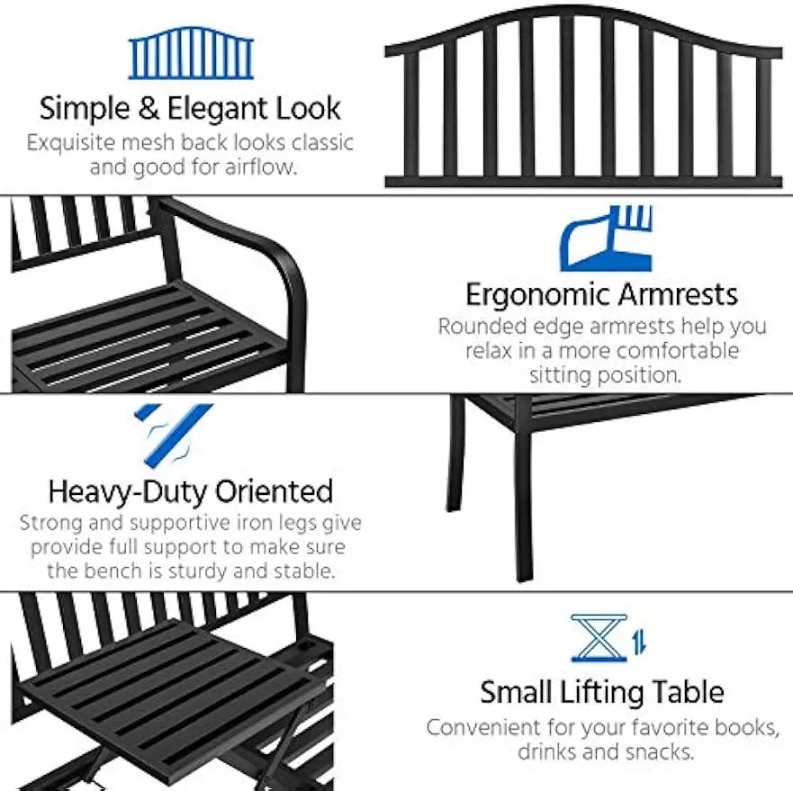 Outdoor Garden Bench with Pull-Out Middle Table – Weather-Resistant Metal Patio Bench for Porch & Backyard