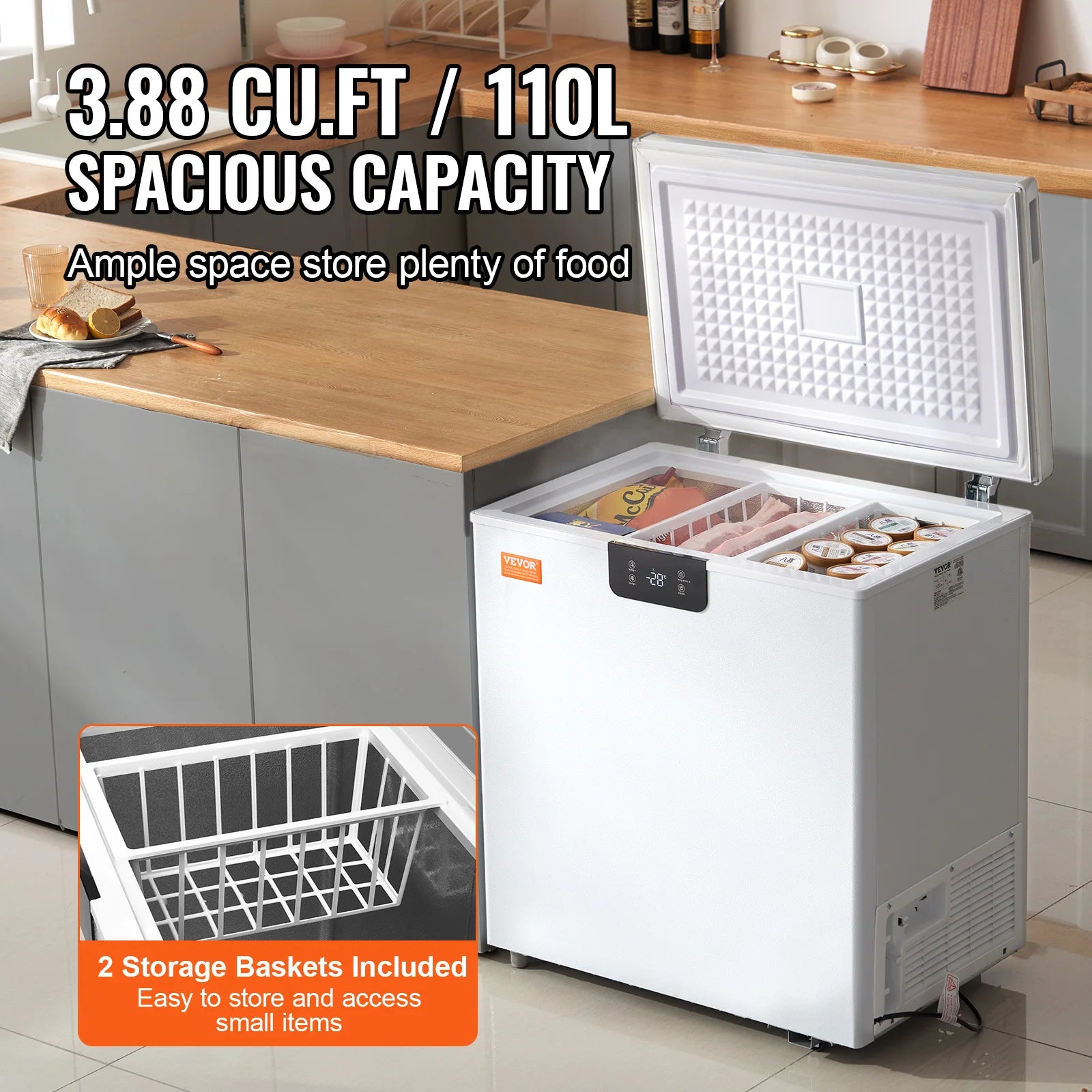 Vevor Chest Freezer – 3,88 cu ft (110 L) Kompakt Derin Dondurucu, 2 Sepetli Taşınabilir Dondurucu ❄️🧊