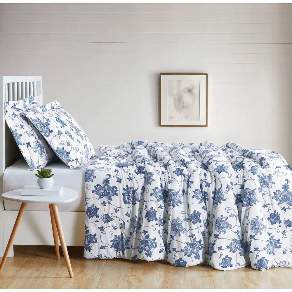 Blue Cotton Comforter Set Twin XL – 2-Piece Floral Vine Pattern, Soft Microfiber Fill, Classic Farmhouse Style