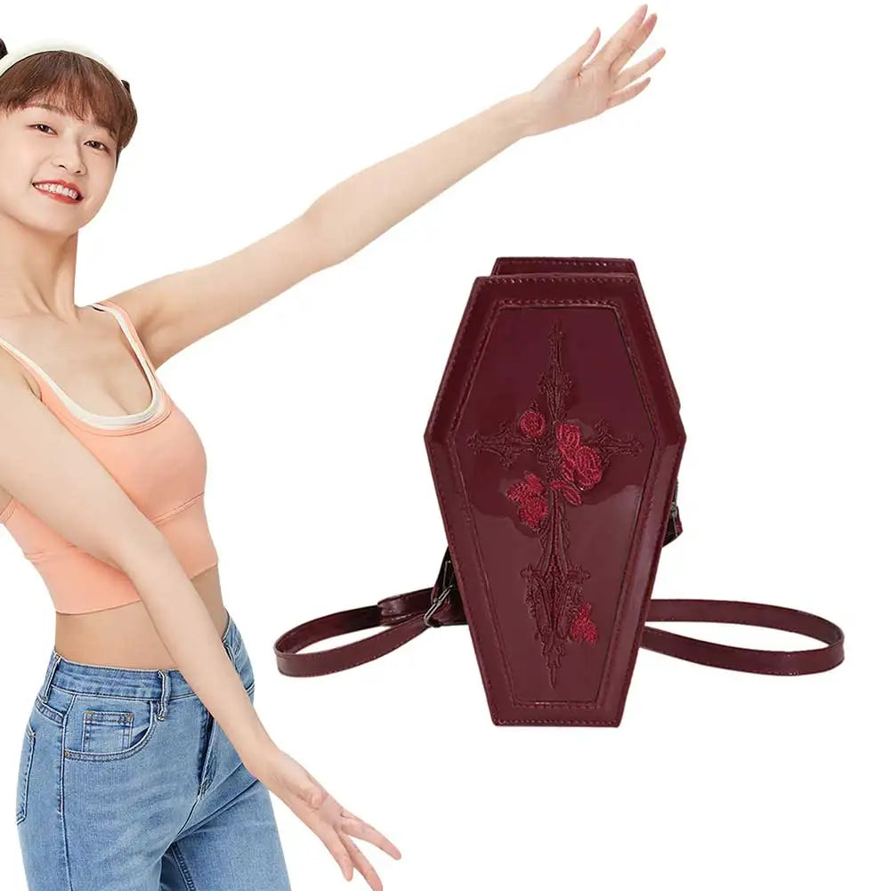 Women’s Coffin Satchel Cartoon Gothic Crossbody Bag – Rose Print Y2K Cellphone Pouch