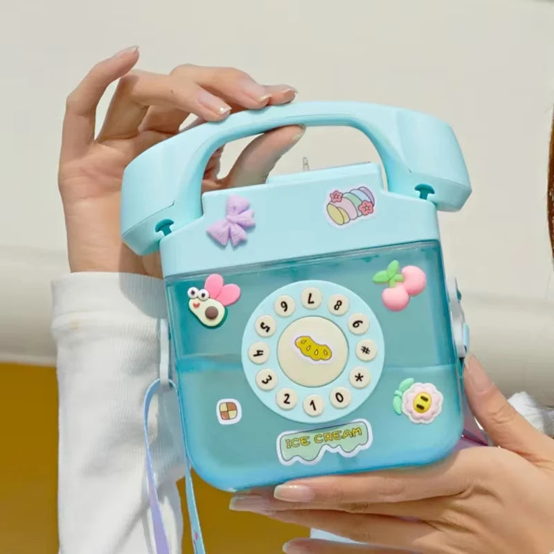 400 ml Telephone-Shape Kawaii Straw Bottle – Girls Portable Water Bottle with Sticker Strap & Cover
