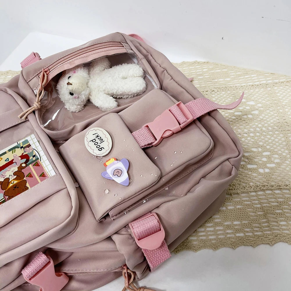 Cute Women’s Large-Capacity Backpack – Preppy Multi-Pocket Nylon Schoolbag | Student Travel Daypack
