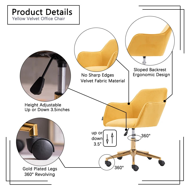 💺 Ergonomic Gaming Office Chair – Adjustable Height 360° Swivel Computer Desk Chair for Work & Study (Yellow)