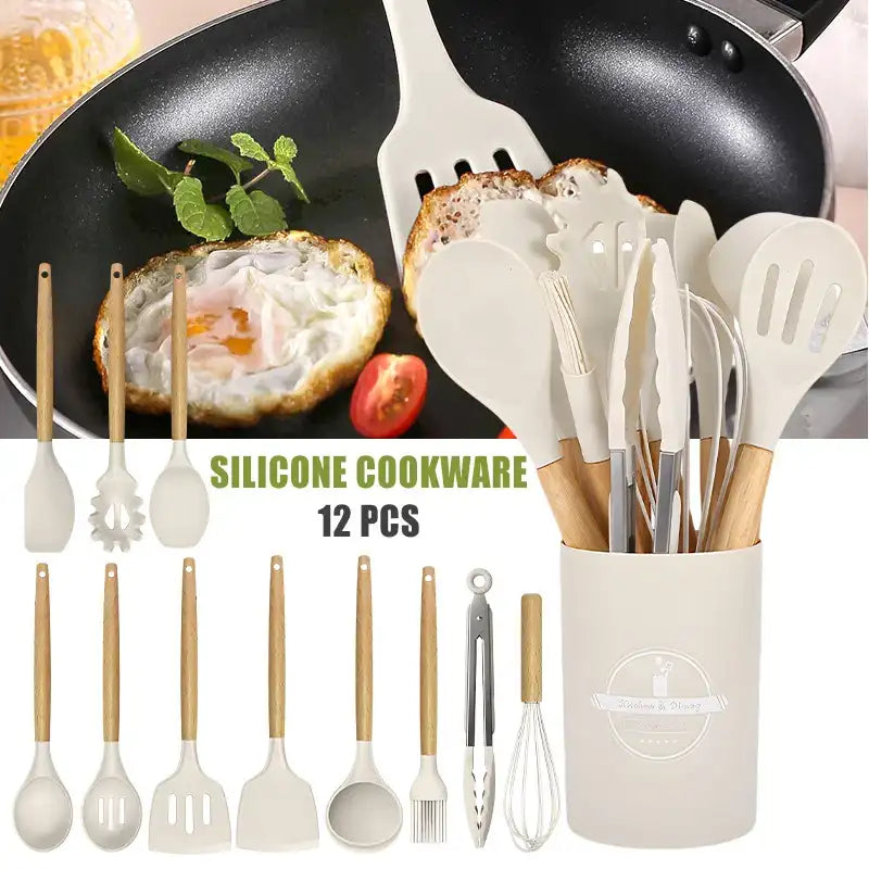 12-Pc Silicone Kitchenware Cooking Utensils Set – Non-Stick Spatulas, Egg Beaters & Storage Bucket