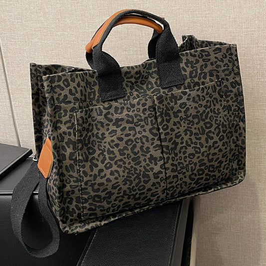 Leopard Print Canvas Tote Bag – Casual Briefcase with Pockets for Travel & Office