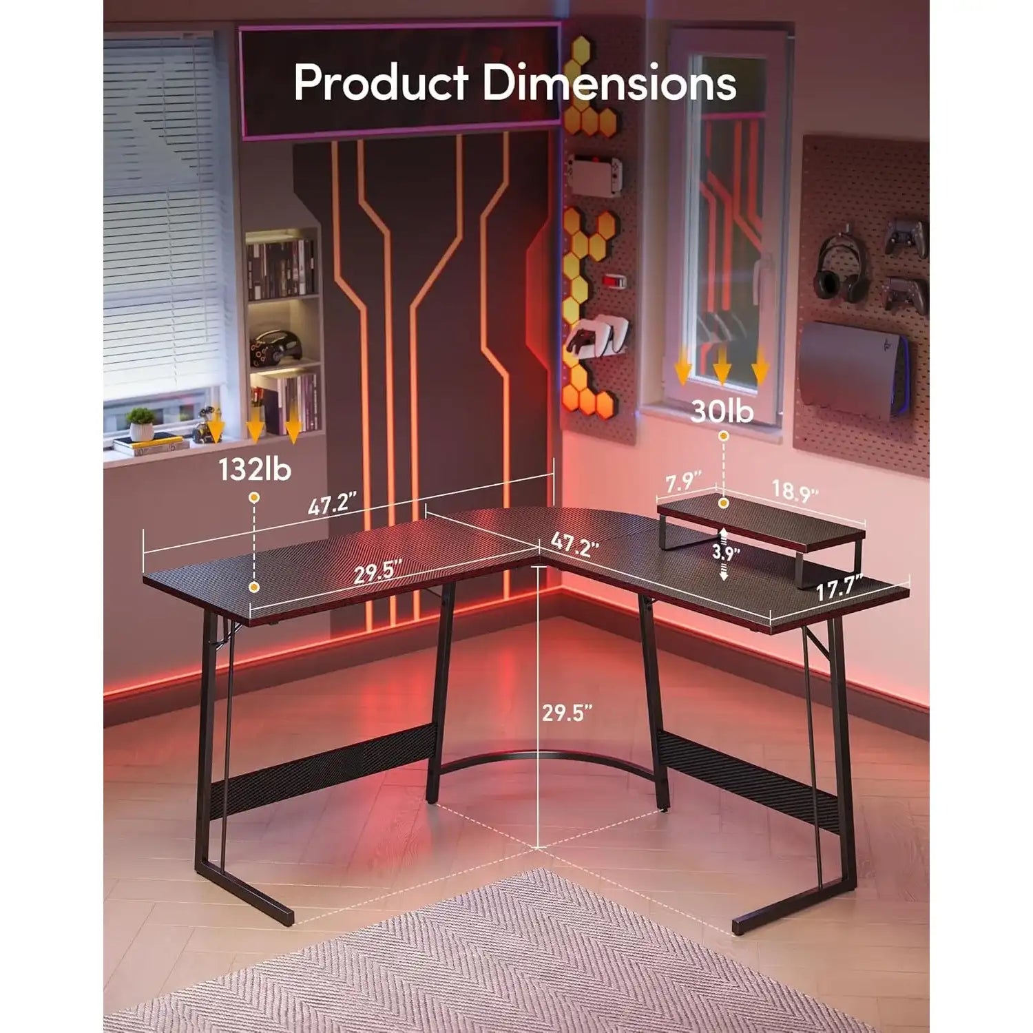 47″ Shaped Gaming & Computer Corner Desk – Carbon Fiber Surface with Monitor Stand for Home Office