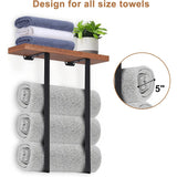 Wall-Mounted Metal Towel Rack with Wooden Shelf – Space-Saving Organizer for Small Bathrooms & RVs (Holds Rolled Hand Towels), Black