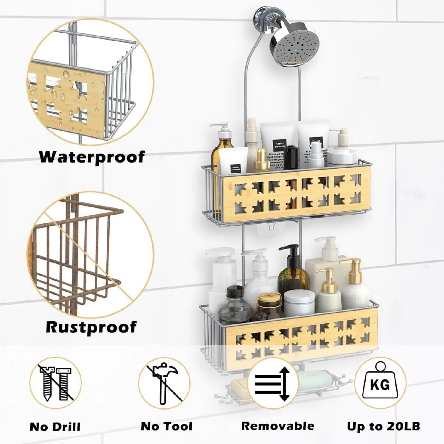 3-Tier Rustproof Hanging Shower Rack with Soap Holder – Over-Shower-Head Caddy