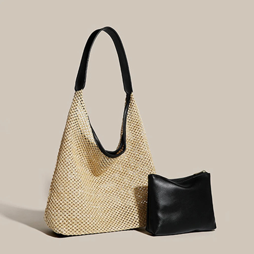 Straw Woven Tote Bag for Women – Magnetic Closure Shoulder Bag with PU Purse, Beach & Travel Clutch Combo