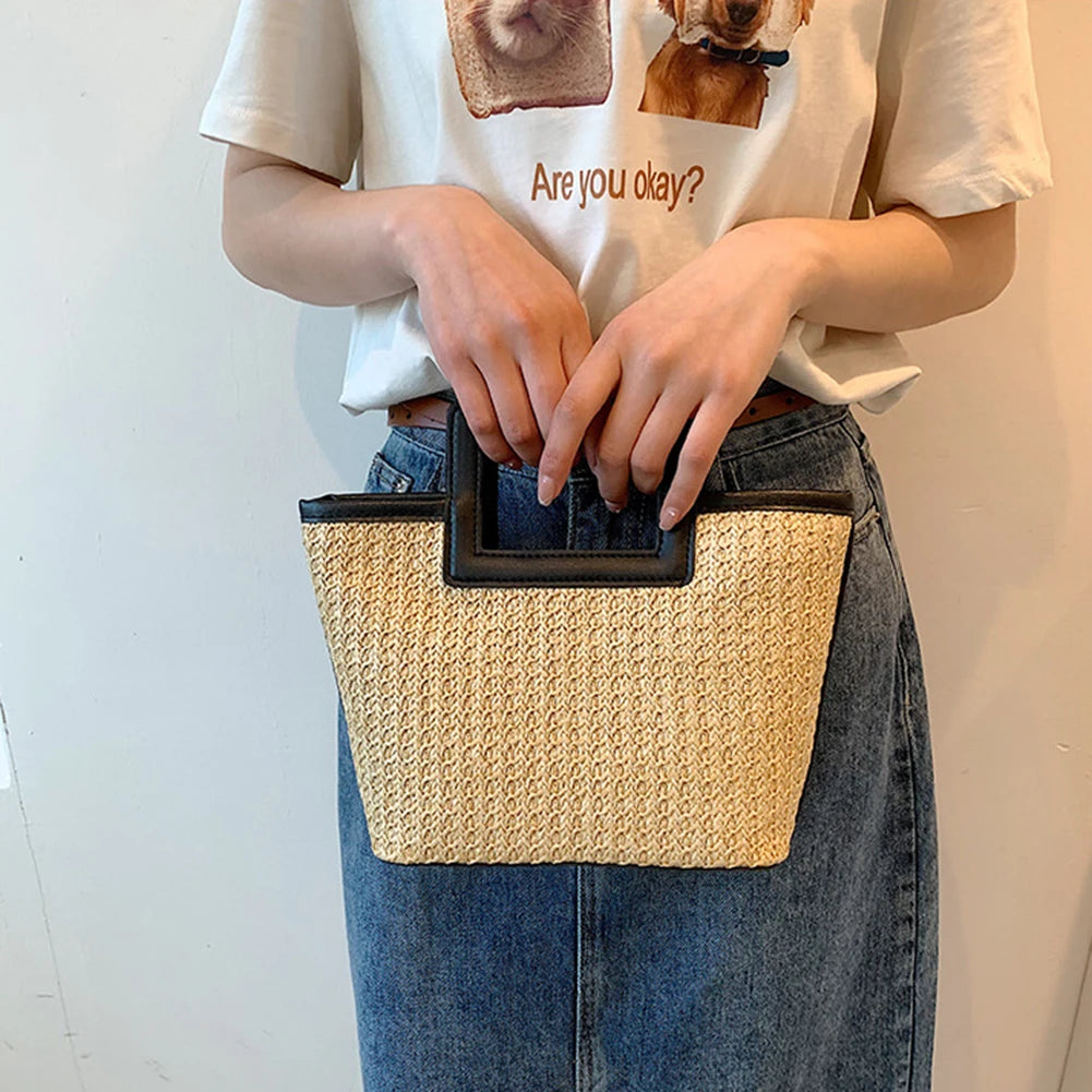 Women’s casual straw travel handbag – large-capacity color-clash woven tote bag, versatile summer leisure purse for beach, shopping & daily use
