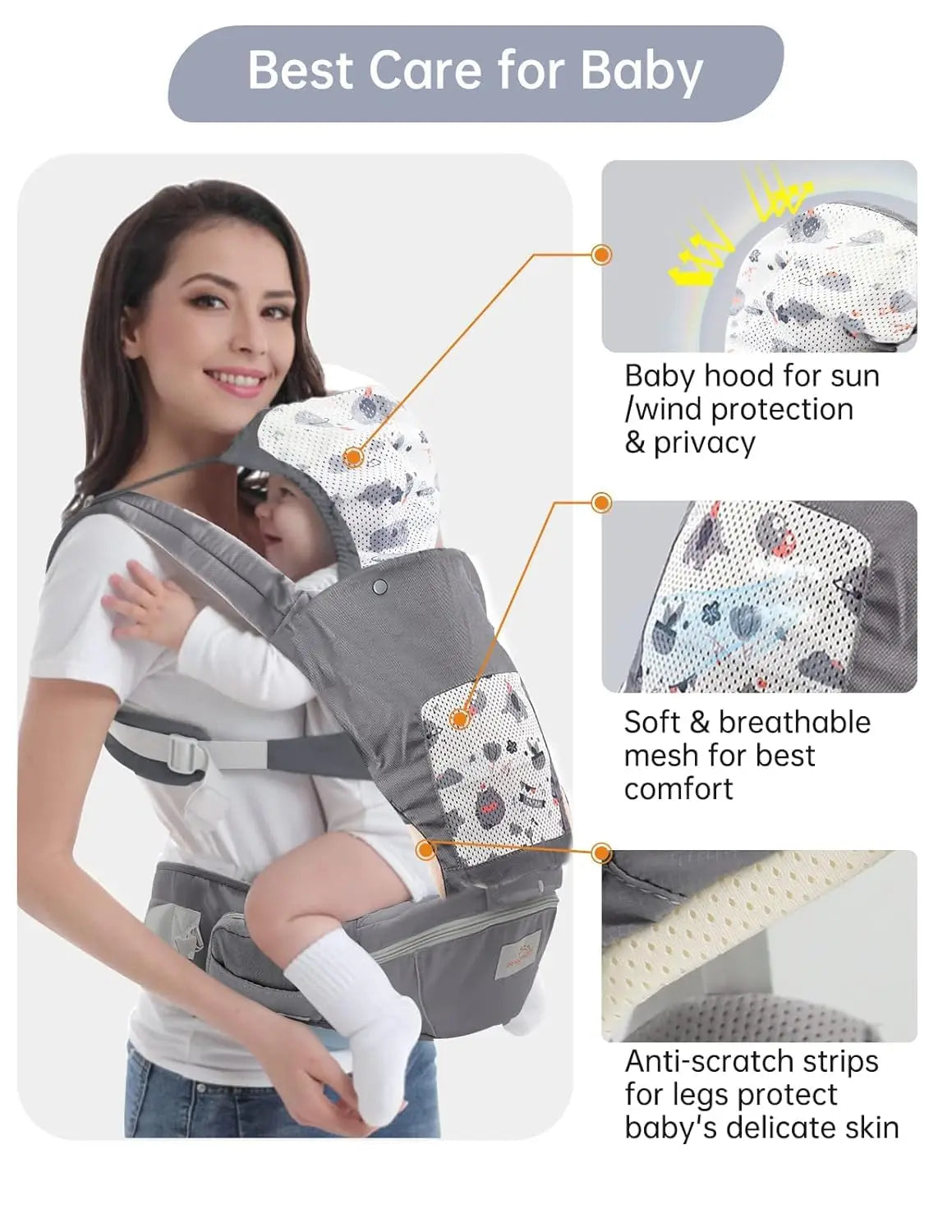 All-Position Baby Carrier with Hood – Ergonomic Hip Seat Carrier for Newborns to Toddlers, All Seasons Use